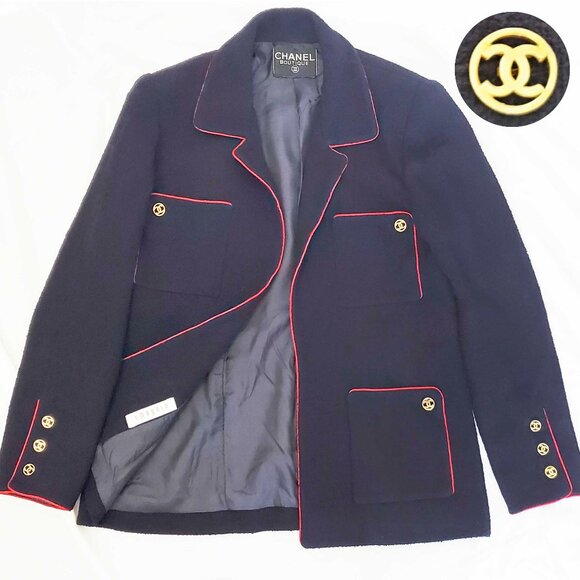 CHANEL Boutique Womens Vintage Navy Wool Boucle Blazer Logo CC Buttons Red Trim - Picture 1 of 15